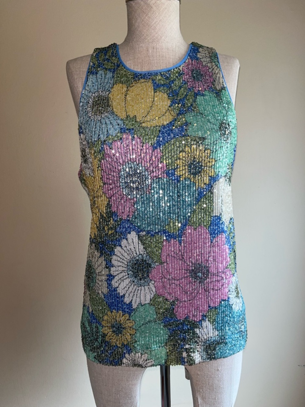 Beaded Floral Tank Top in Pink, Teal & Yellow